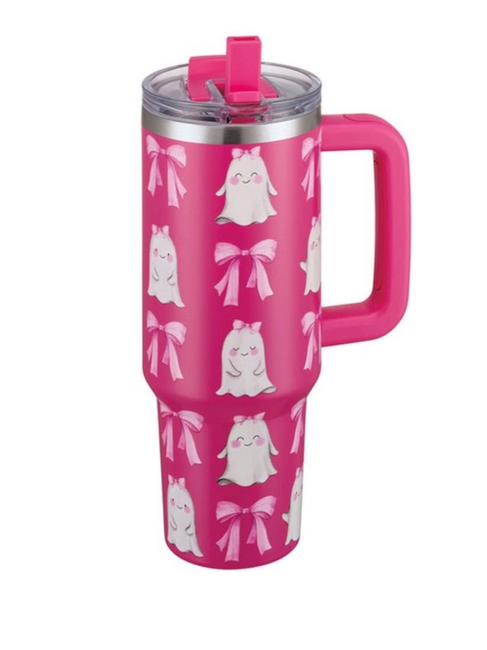 Pink Ghost & Bow Insulated Travel Mug with Handle 40 oz. NWT